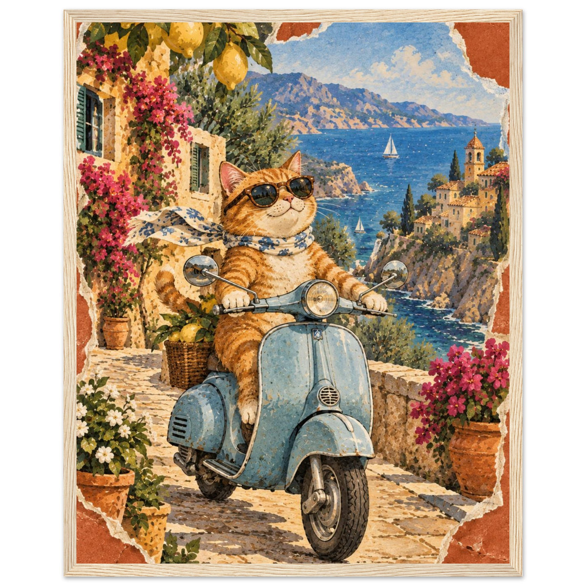 Orange cat in sunglasses and a scarf on a blue scooter, with lemons, flowers, coastal buildings and sailboats behind.