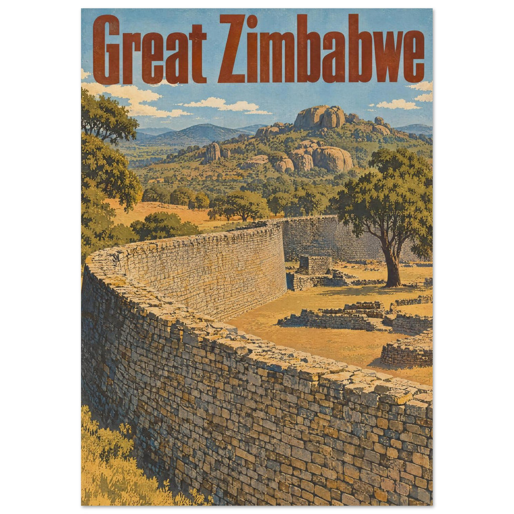 Great Zimbabwe poster with curving stone walls, trees and rocky hills beneath a blue sky and large rust-red lettering.