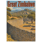 Great Zimbabwe poster with curving stone walls, trees and rocky hills beneath a blue sky and large rust-red lettering.