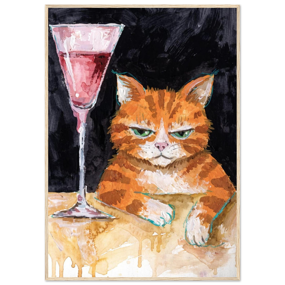 Ginger cat with green eyes resting its white paws on a golden table beside a tall glass of pink liquid, on black.