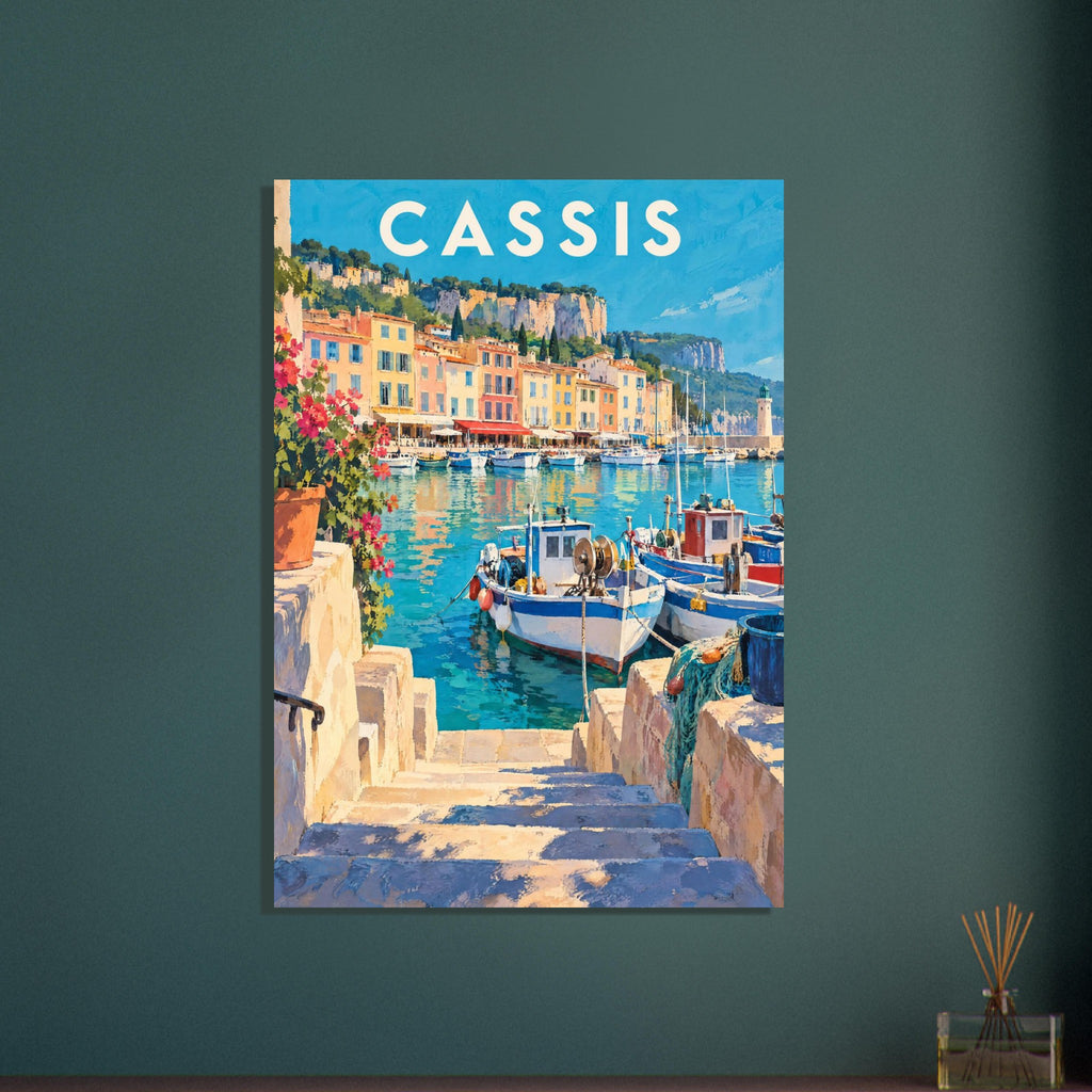 Cassis harbour with fishing boats, turquoise water, pastel buildings and stone steps beneath large cream Cassis lettering.
