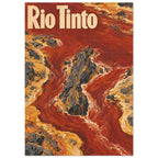 Red river winding around dark jagged rocks and ochre banks, with large cream Rio Tinto lettering across the top.