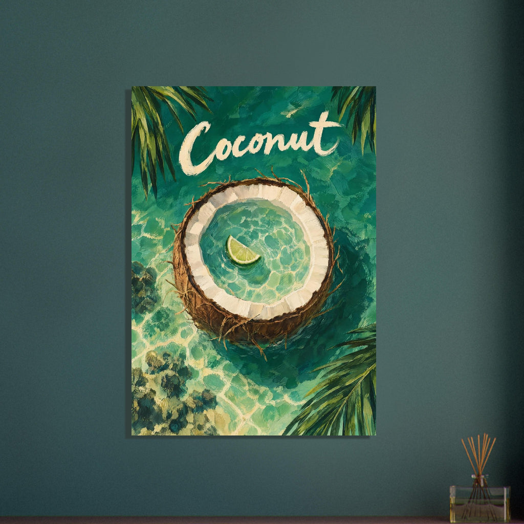 Halved coconut with a lime wedge in turquoise water, framed by palm leaves beneath cream ‘Coconut’ lettering.