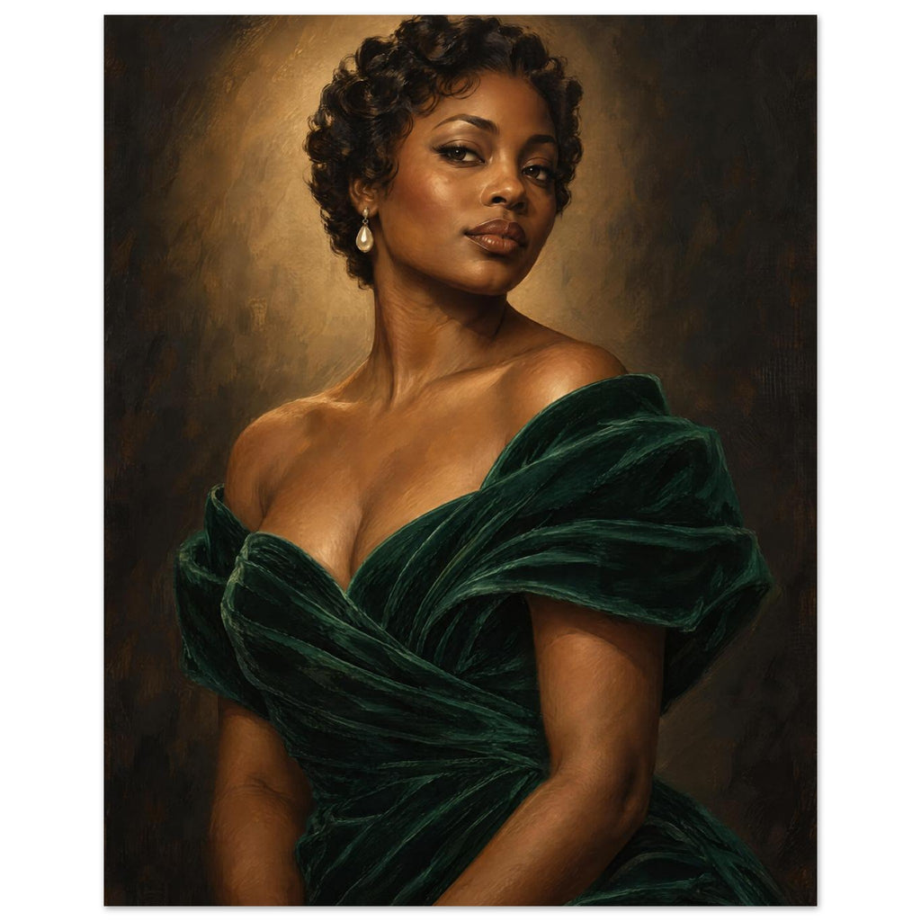 The Velvet Spotlight depicts a woman with short curls in an emerald gown beneath warm oval lighting against charcoal.
