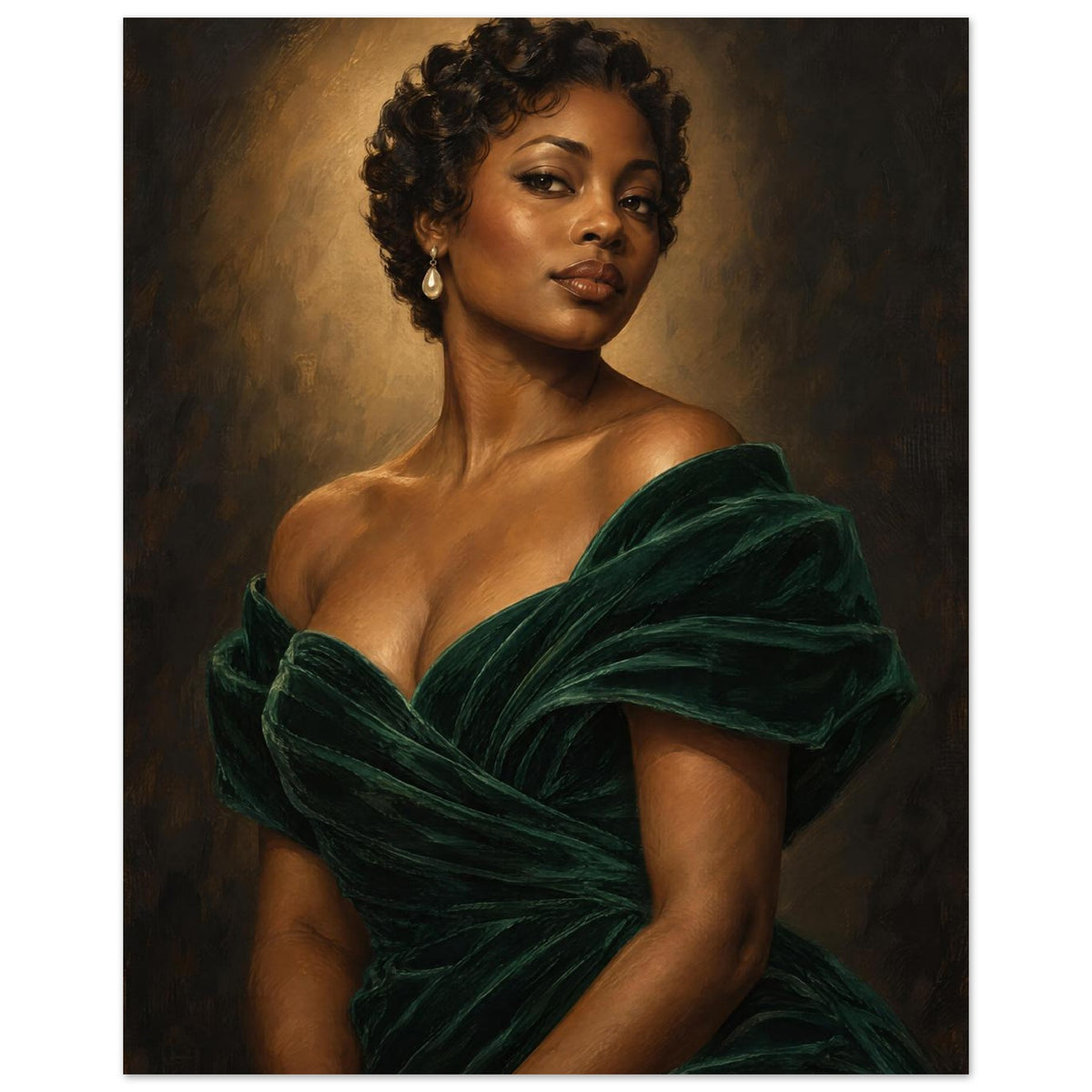 The Velvet Spotlight depicts a woman with short curls in an emerald gown beneath warm oval lighting against charcoal.