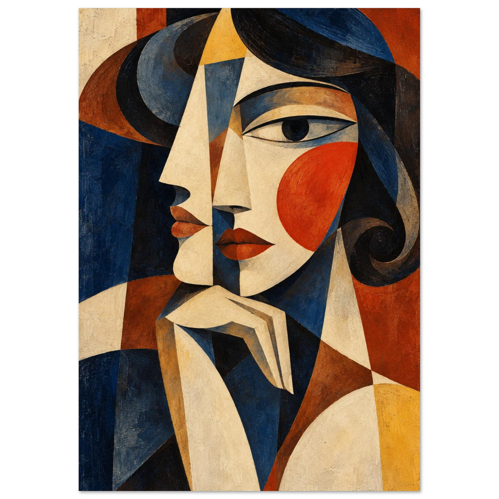 Cubist woman portrait with angular cream features, dark curled hair, an orange cheek and a hand beneath the chin.