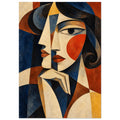 Cubist woman portrait with angular cream features, dark curled hair, an orange cheek and a hand beneath the chin.