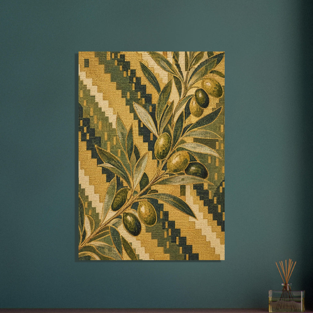 Olive branch with green olives and slender leaves over a green, ochre and cream stepped pattern with woven-look texture.