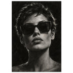 Behind the Sunglasses, a tightly cropped frontal face wearing large geometric sunglasses, with rim-lit short hair against bla