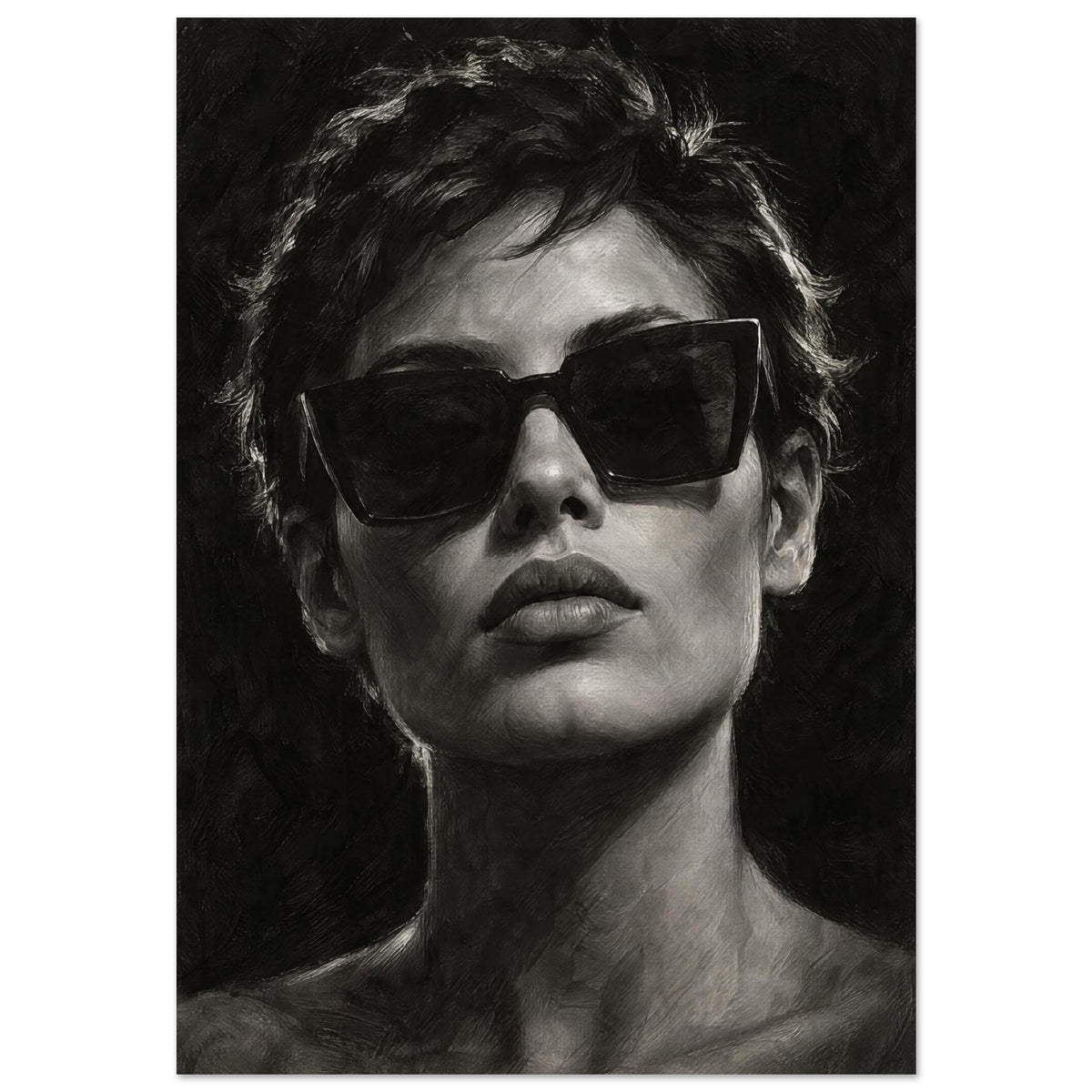 Behind the Sunglasses, a tightly cropped frontal face wearing large geometric sunglasses, with rim-lit short hair against bla