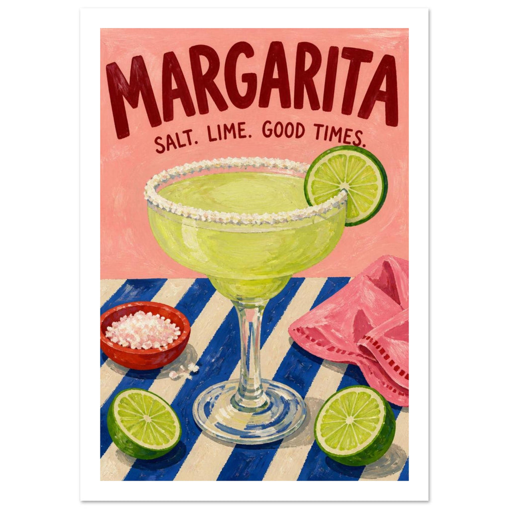 Margarita glass with salted rim, limes and salt bowl on a blue striped table beneath red lettering on pink.