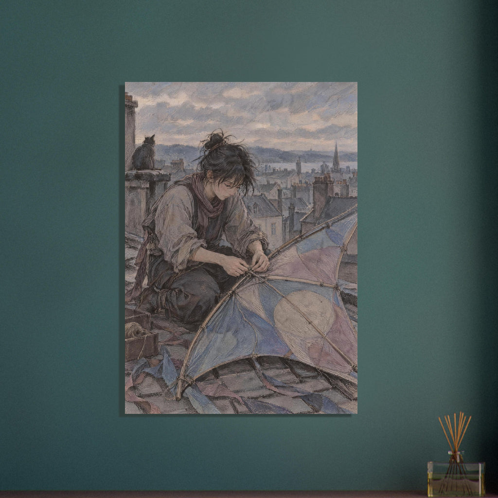 Seated figure mending a blue and beige patchwork kite on a rooftop, with a cat, chimneys and a cloudy sky behind.