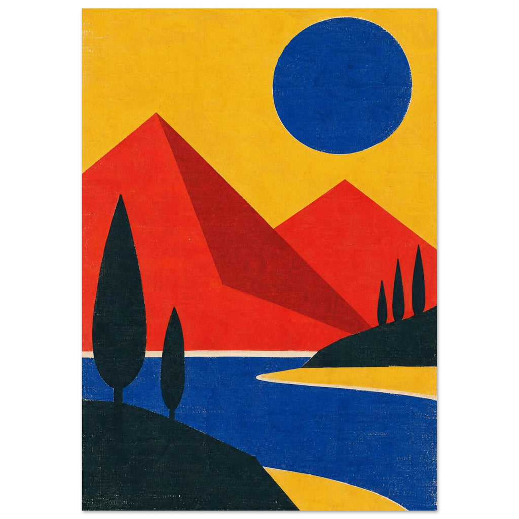 Red geometric mountains beneath a blue sun in a yellow sky, with dark slender trees beside winding blue water.