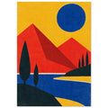 Red geometric mountains beneath a blue sun in a yellow sky, with dark slender trees beside winding blue water.