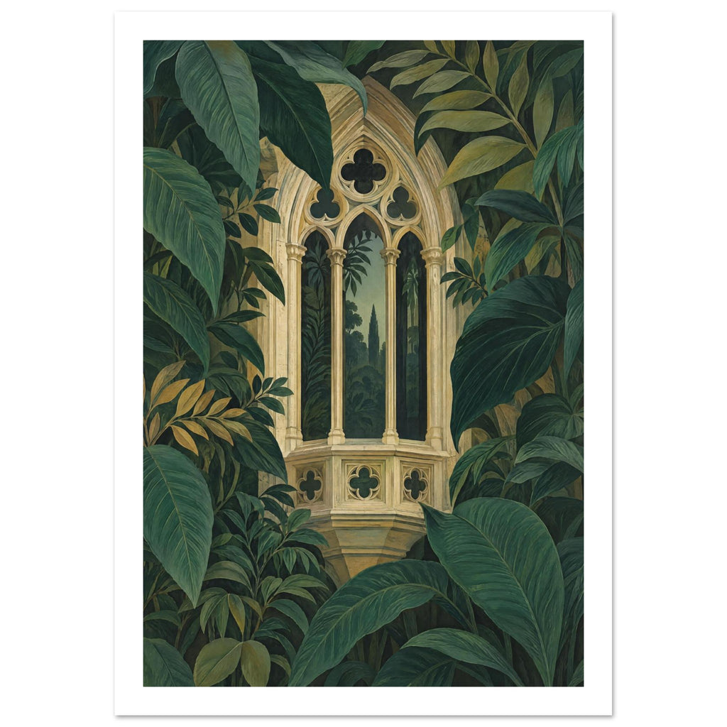 Ornate beige Gothic window with pointed arches and slender columns surrounded by large, layered dark green leaves.