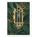 Ornate beige Gothic window with pointed arches and slender columns surrounded by large, layered dark green leaves.
