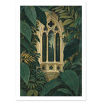 Ornate beige Gothic window with pointed arches and slender columns surrounded by large, layered dark green leaves.