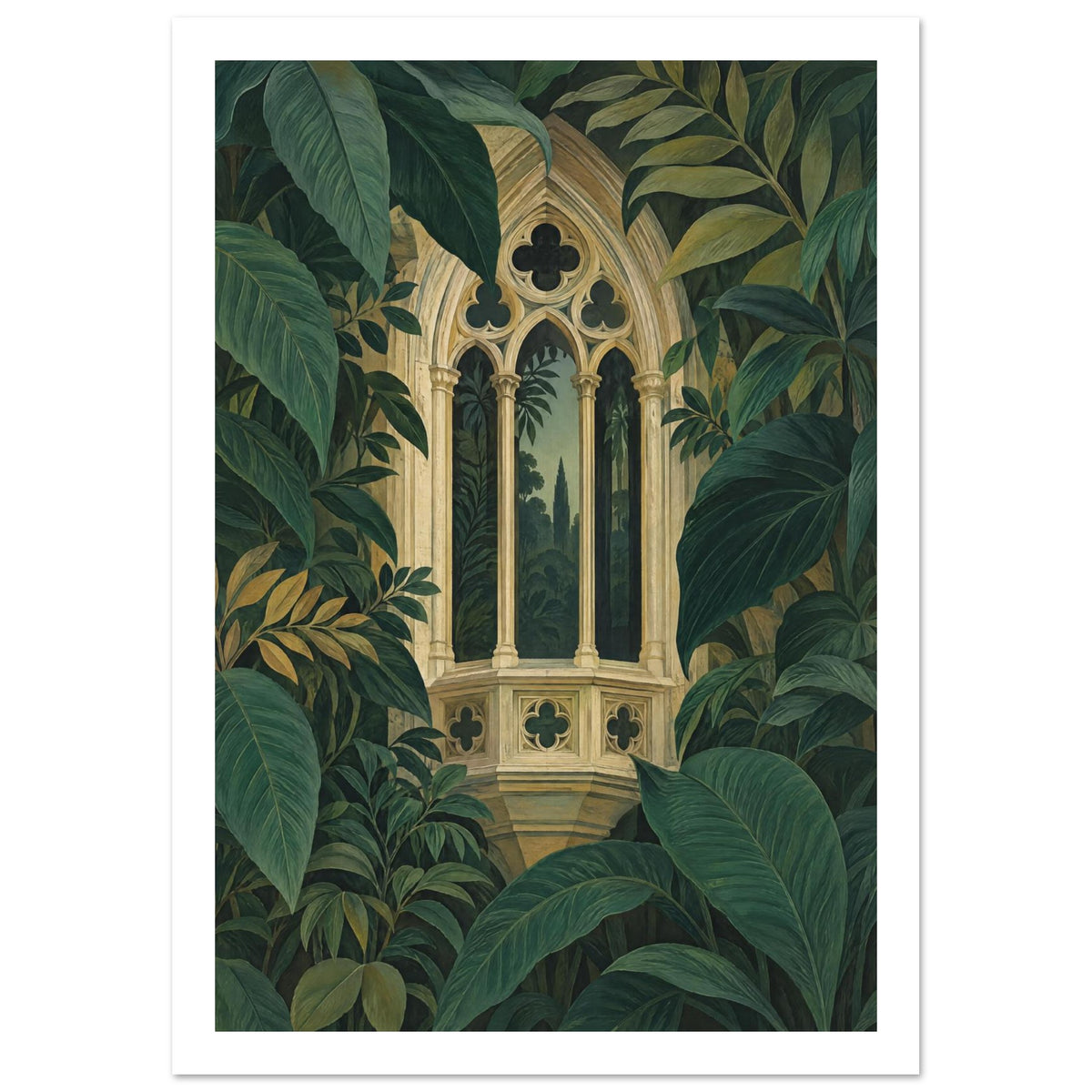 Ornate beige Gothic window with pointed arches and slender columns surrounded by large, layered dark green leaves.