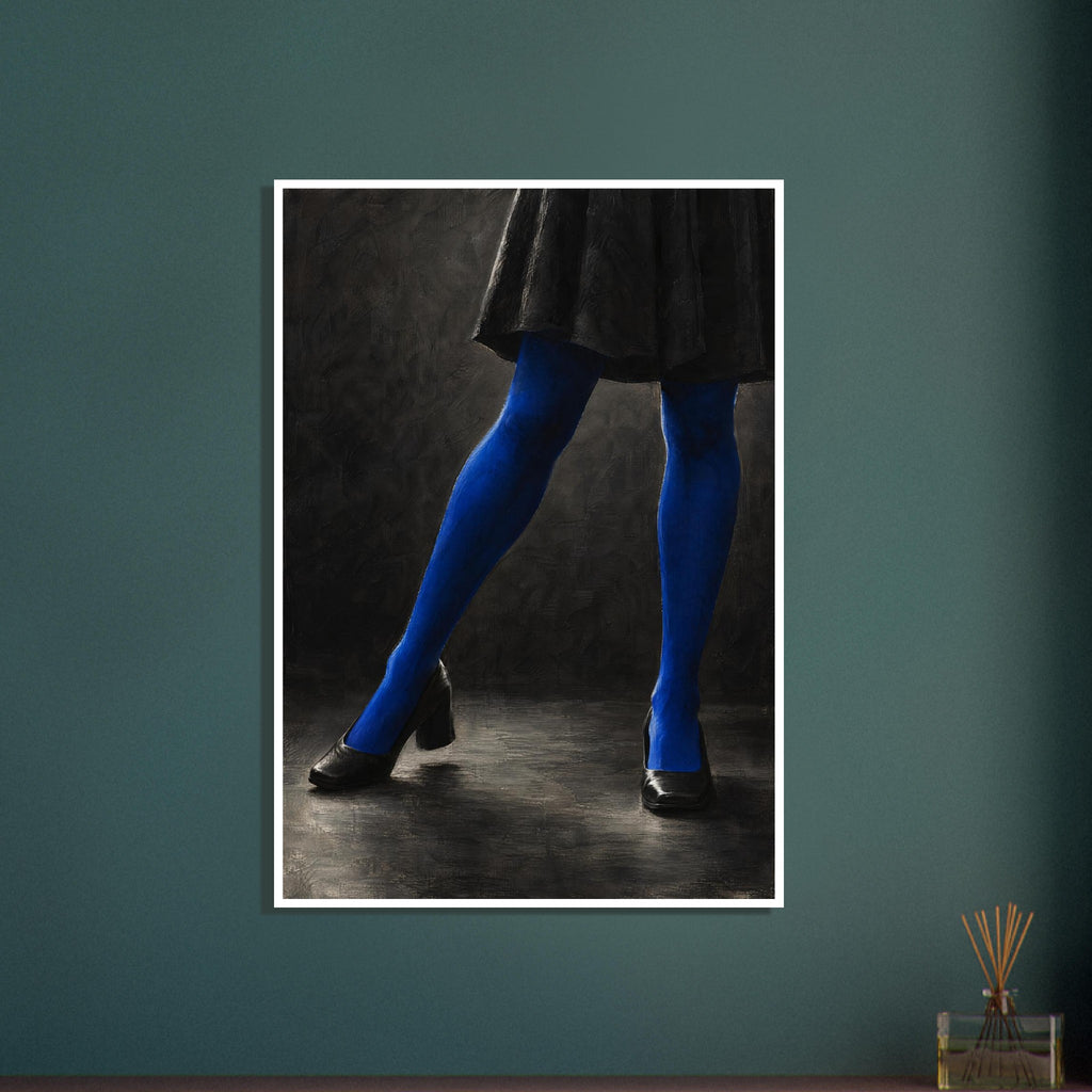 Cobalt Stockings, cropped legs in blue tights and black shoes forming an angular pose against a charcoal studio background.