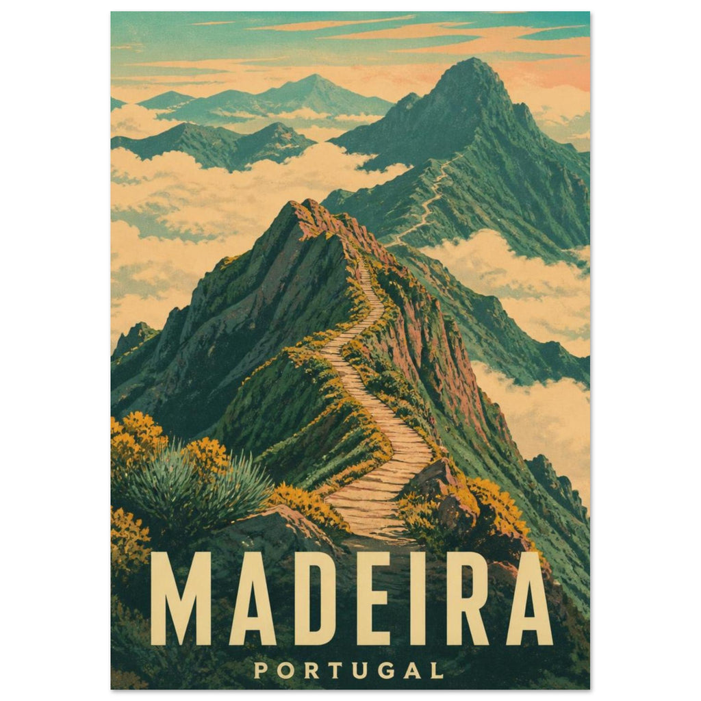 Madeira mountain ridges above clouds, with a winding stepped path, green peaks and yellow Madeira Portugal lettering.