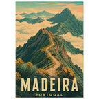 Madeira mountain ridges above clouds, with a winding stepped path, green peaks and yellow Madeira Portugal lettering.