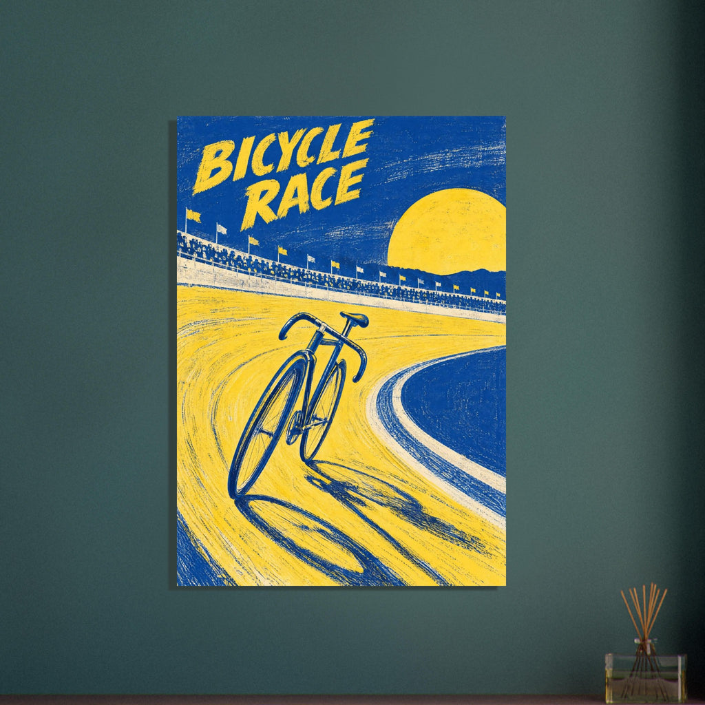 Racing bicycle on a yellow banked track beneath blue sky, with spectators, a yellow sun and ‘Bicycle Race’ lettering.