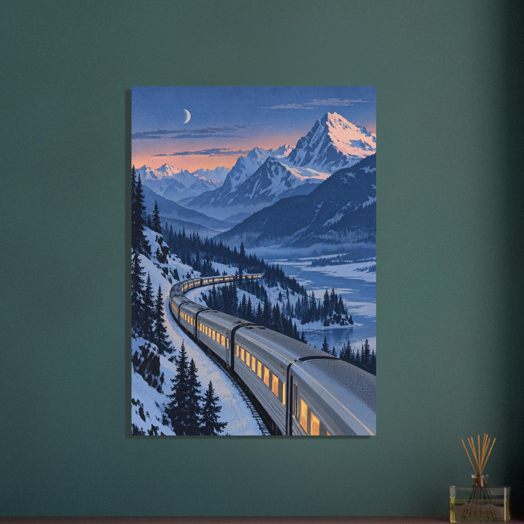Silver train with glowing windows curves through snowy fir trees beneath blue mountains, a peach sky and crescent moon.