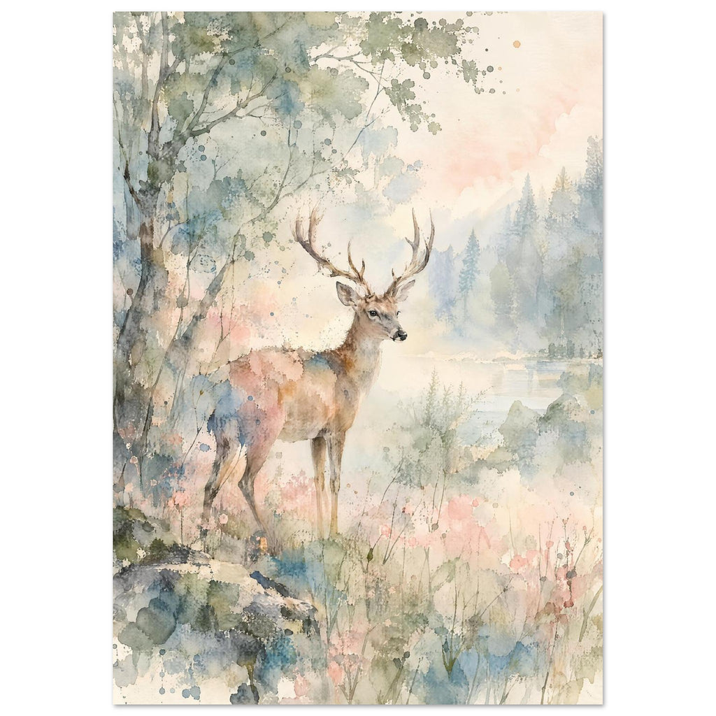 Antlered deer beside a tree and water, with misty conifers and loose watercolour washes of green, blue and pink.
