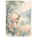 Antlered deer beside a tree and water, with misty conifers and loose watercolour washes of green, blue and pink.