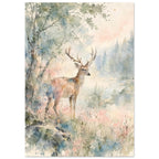 Antlered deer beside a tree and water, with misty conifers and loose watercolour washes of green, blue and pink.