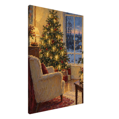 Decorated Christmas tree beside a window overlooking snowy rooftops, with gifts, a cream armchair and glowing candles.