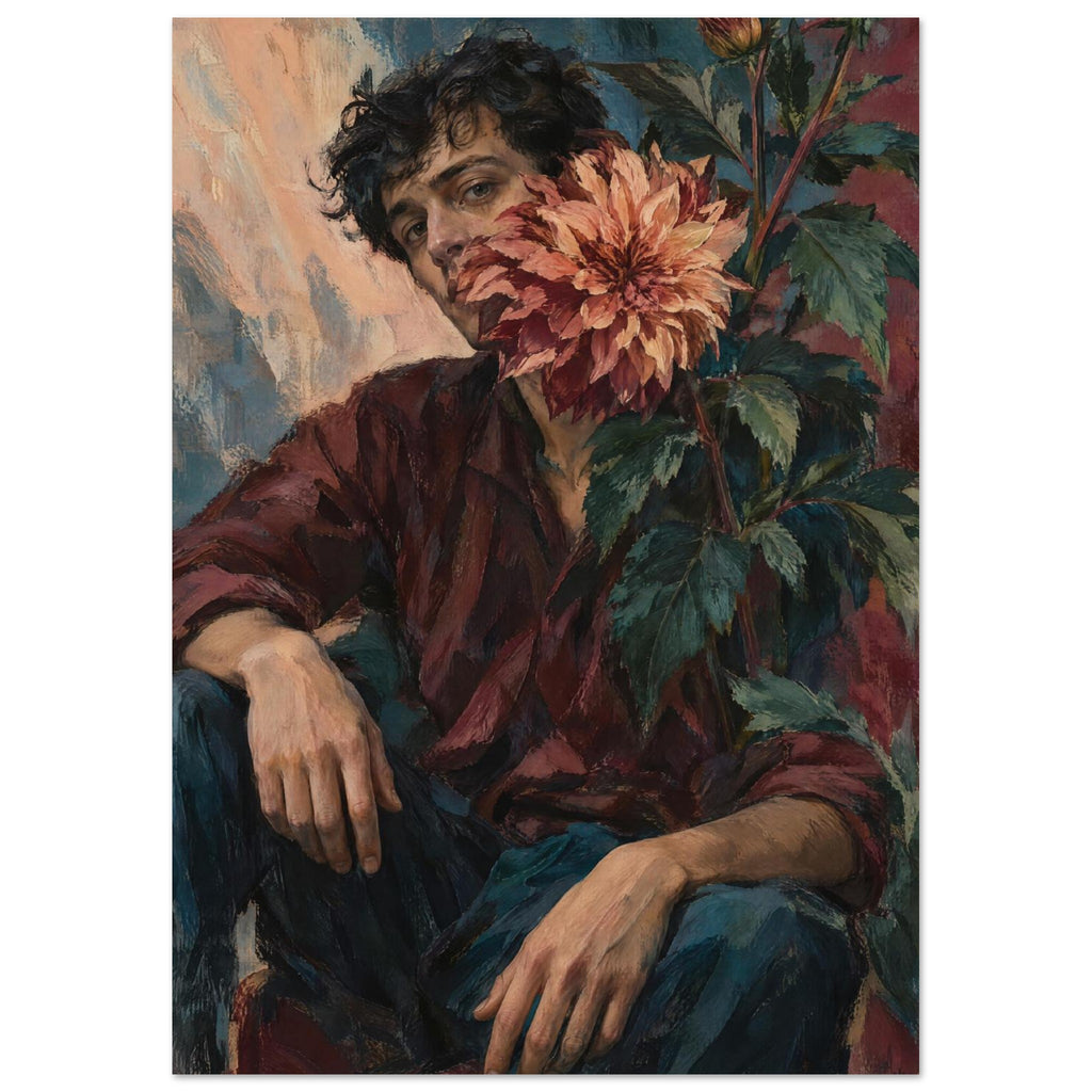 Seated dark-haired man in a burgundy shirt, with a large peach dahlia covering part of his face and leafy stems beside him.