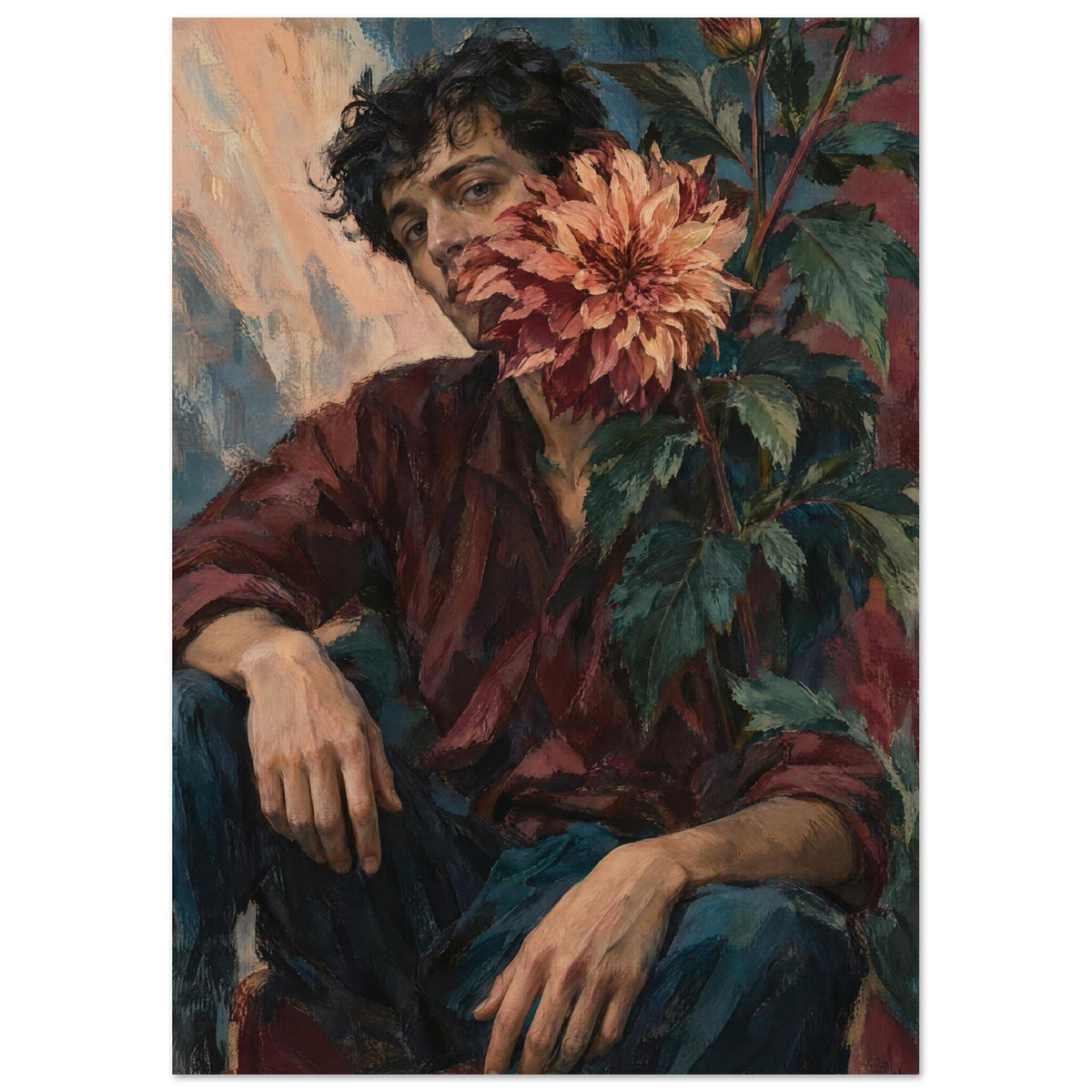 Seated dark-haired man in a burgundy shirt, with a large peach dahlia covering part of his face and leafy stems beside him.