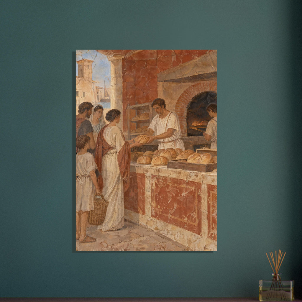 Baker handing bread to a woman beside waiting customers, with loaves on a counter and a brick oven behind.