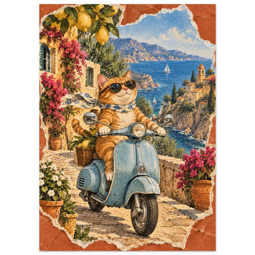 Orange cat in sunglasses and a scarf on a blue scooter, with lemons, flowers, coastal buildings and sailboats behind.