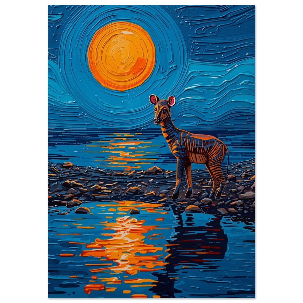 Striped okapi on a rocky shore beneath an orange sun, with blue water, bold reflections and swirling painted textures.