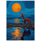Striped okapi on a rocky shore beneath an orange sun, with blue water, bold reflections and swirling painted textures.