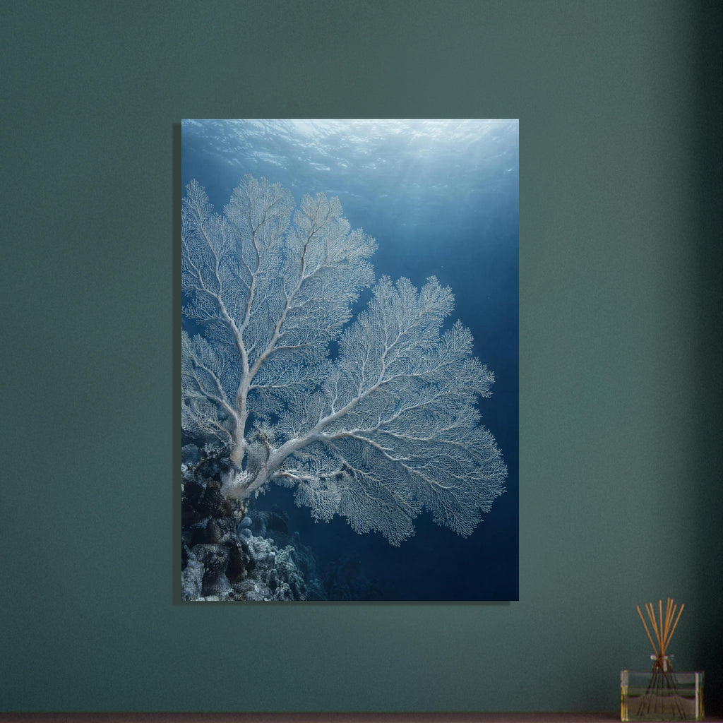 Pale sea fan coral branching across deep blue water above a rocky reef, with sunlight filtering through the surface.