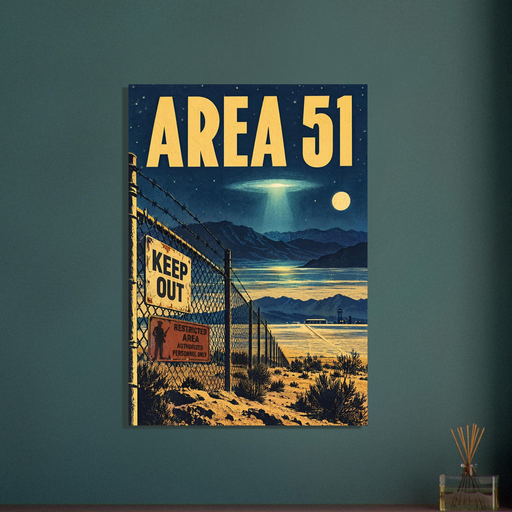 Area 51 poster with yellow lettering, a glowing UFO, desert mountains and a barbed-wire fence bearing warning signs.