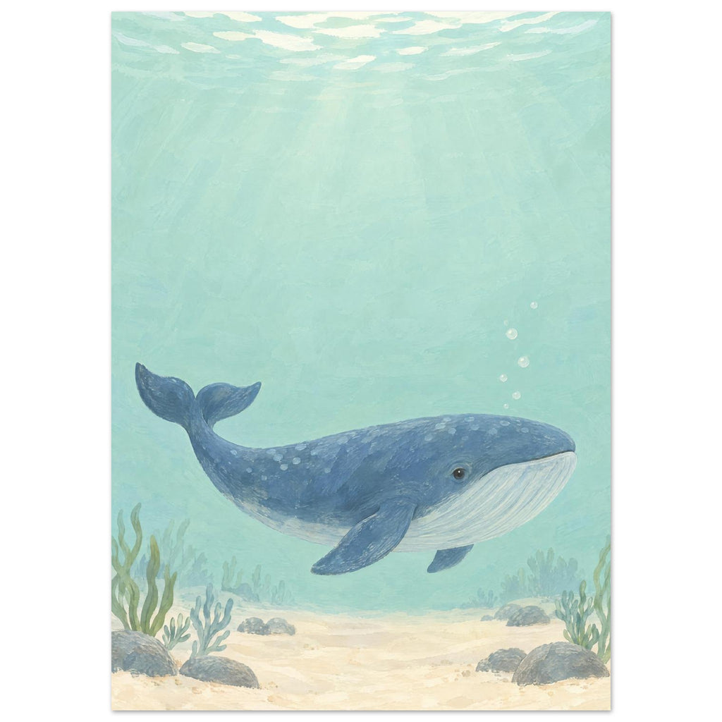 Blue whale swimming through pale aqua water above a sandy seabed with rocks and sea plants, beneath sunlit ripples.