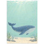 Blue whale swimming through pale aqua water above a sandy seabed with rocks and sea plants, beneath sunlit ripples.