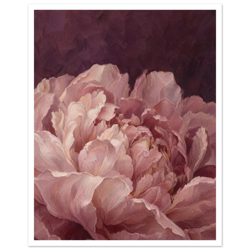 Blush pink peony with layered, curling petals and visible painterly brushwork against a deep burgundy background.