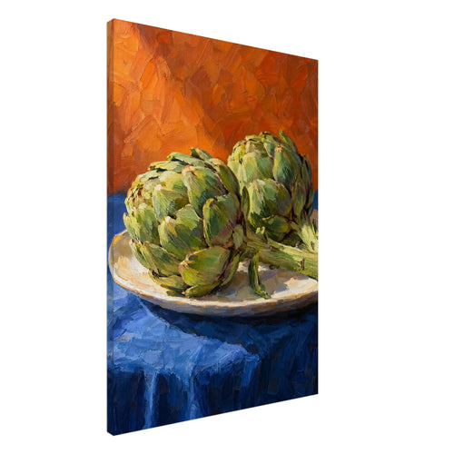 Two green artichokes on a pale oval platter, with a blue tablecloth and orange background in broad painted strokes.