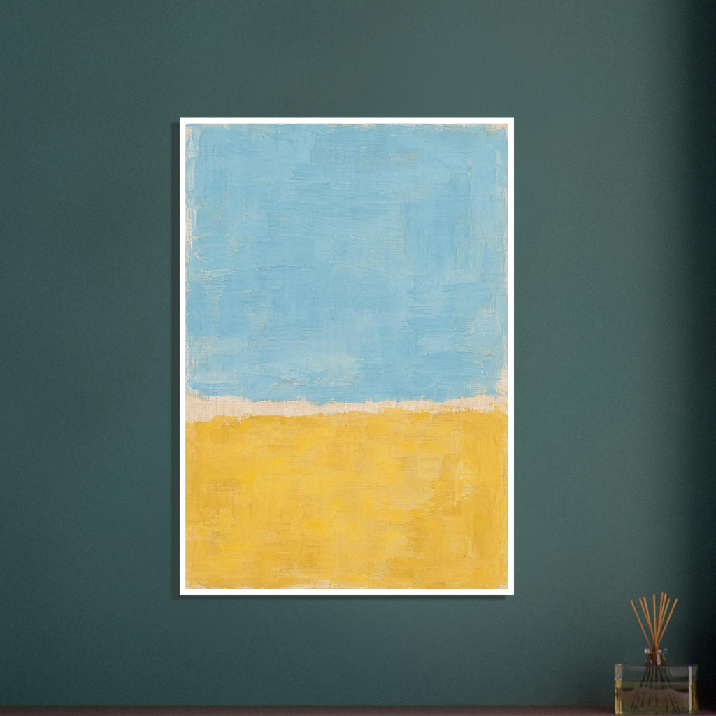 Abstract colour blocks with pale blue above warm yellow, textured brush marks and an uneven cream divide.
