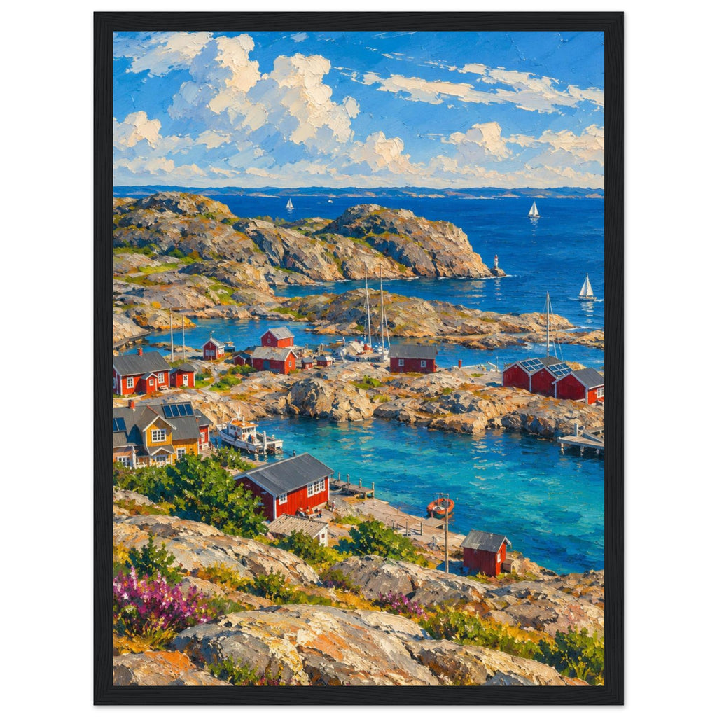 Rocky harbour with red cabins, wooden jetties and sailboats on blue water beneath cream clouds, with flowers in front.