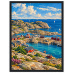 Rocky harbour with red cabins, wooden jetties and sailboats on blue water beneath cream clouds, with flowers in front.