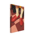 Red loafers and cream dotted socks on a chequered floor, with a black cat beneath a mustard armchair.