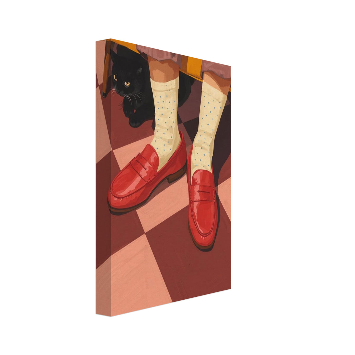Red loafers and cream dotted socks on a chequered floor, with a black cat beneath a mustard armchair.