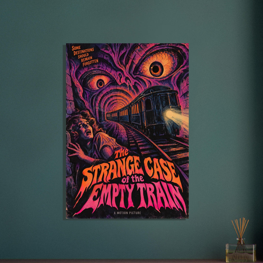 Retro horror poster with a train in a tunnel, giant eyes, a frightened woman and orange and pink Empty Train lettering.