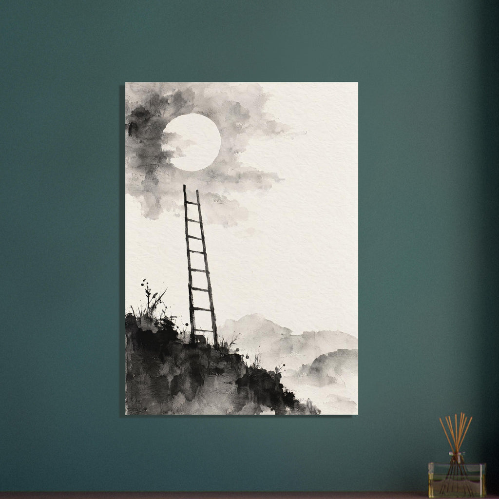 Dark ladder rising from a rocky ledge towards a pale moon, with grey washes and distant mountains on a cream background.